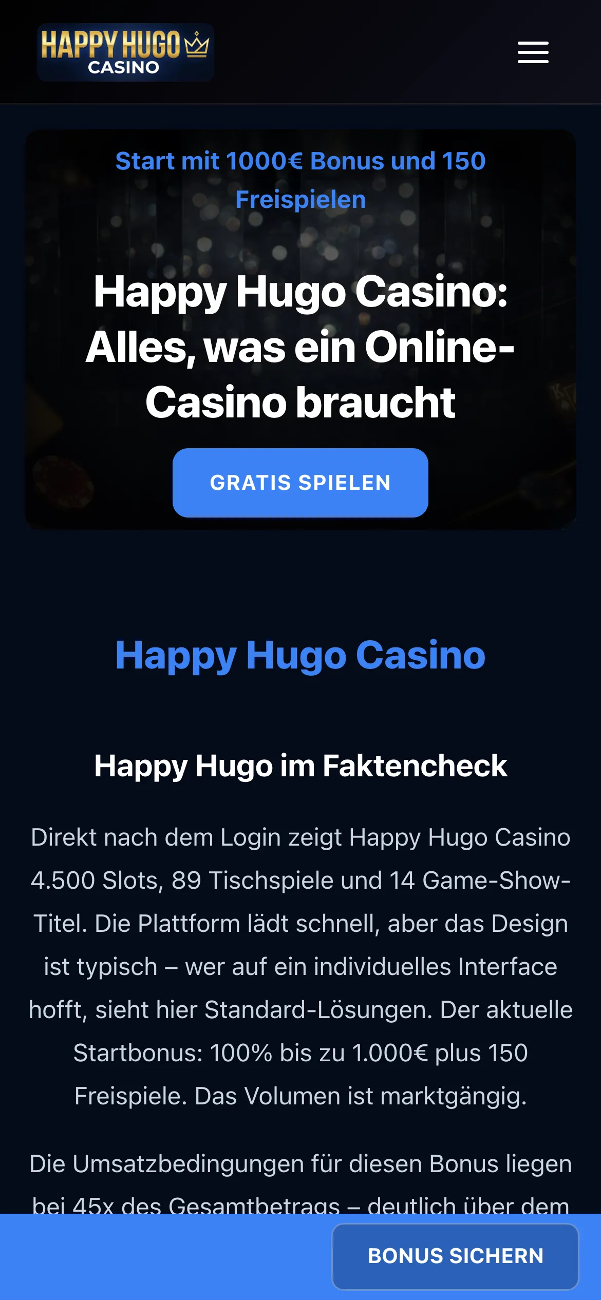 Happy Hugo Casino mobile lobby screenshot